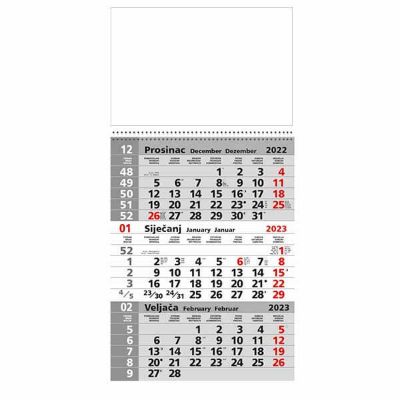 Kalendar zidni trodjelni 2026. SA SPIRALOM SIVI